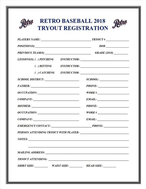 Printable Baseball Tryout Registration Form